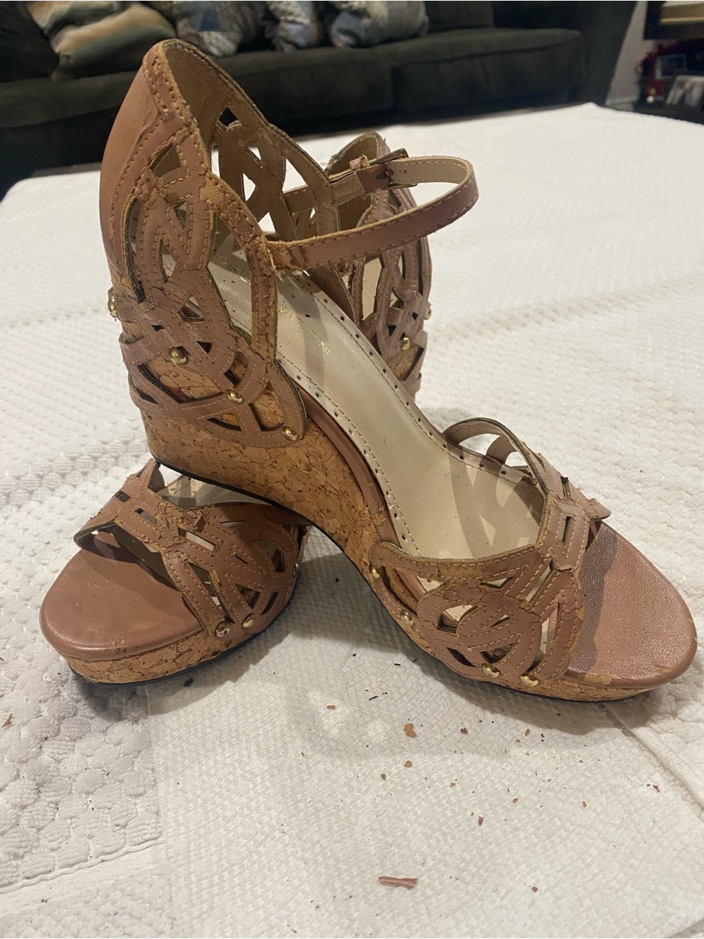 Women's Tan Cork Wedge Sandals with Cutout Straps